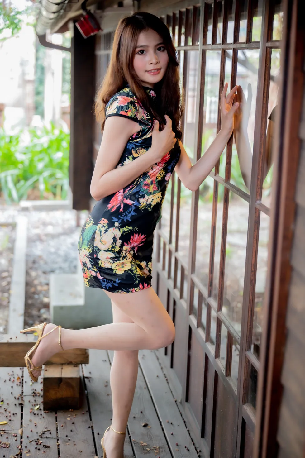 [Mzsock] NO.202 He Jiaxin black flower short cheongsam stockings high heels beautiful legs street photography#[97P]-11